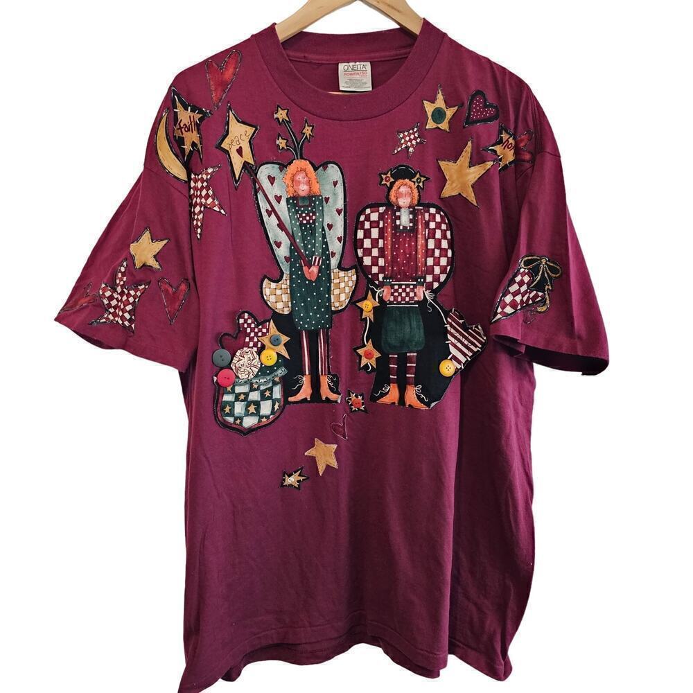 Vintage Love Peace Faith T-Shirt Womens Sz XXL 90s Purple Angel Stars Puff Paint